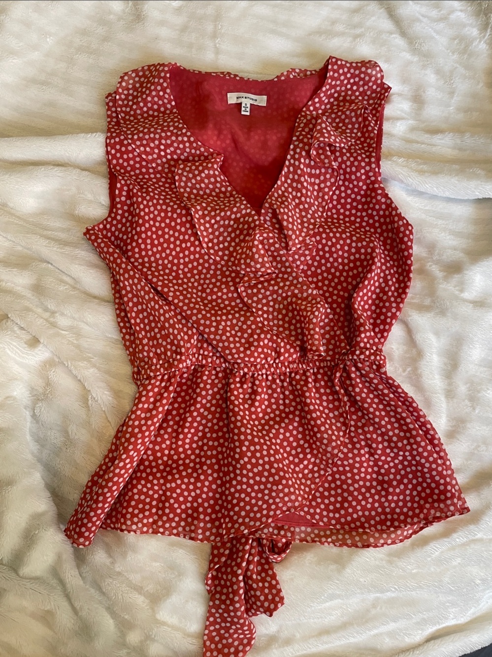 Max Studio Red/Orange Polka Dot Ruffle Tie-Waist Sleeveless Blouse